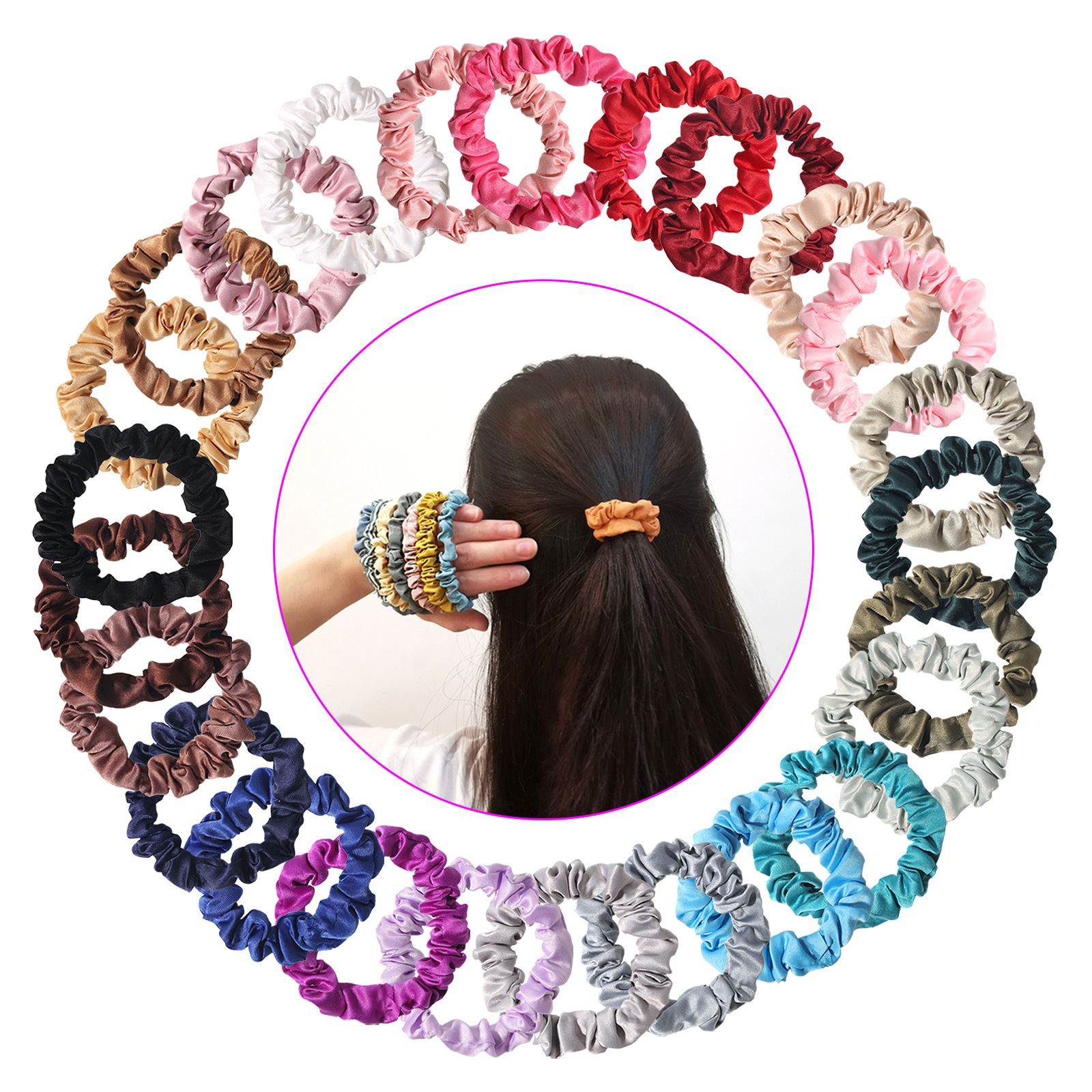 Duo Bell Solid Color Small Rubber Band Fabric Satin Hair Band Women's Simple Headdress Korean Style Large Intestine Ring Hair Accessories Mixed Batch