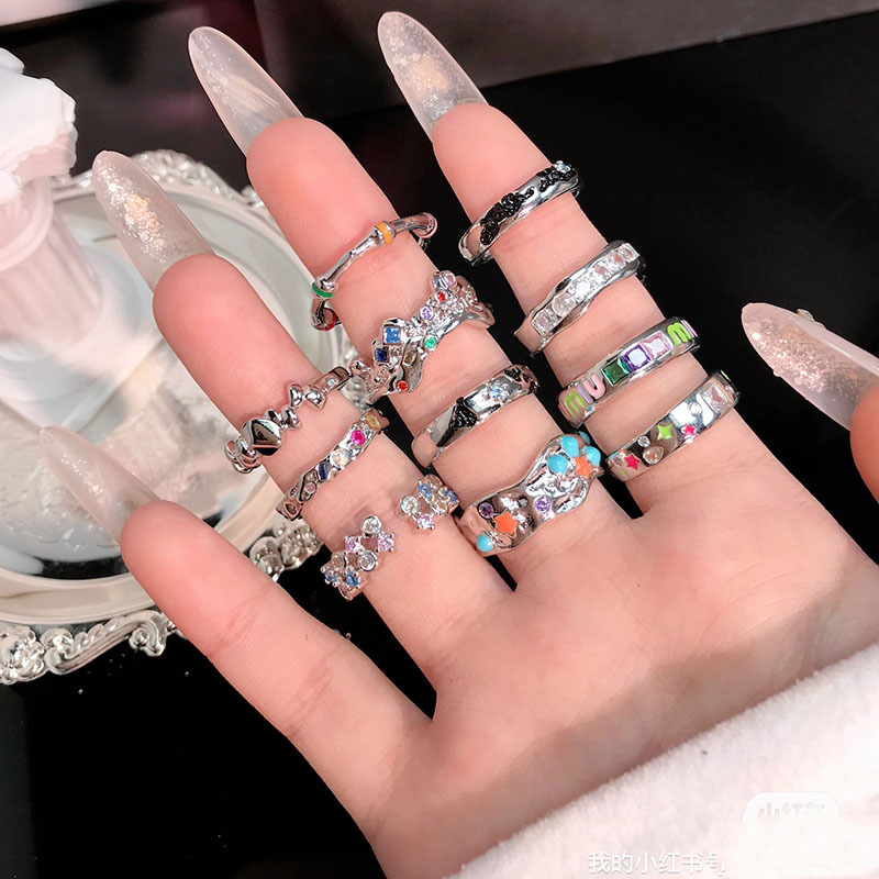 新款欧泊石彩色小碎钻ins新款小众设计感时尚气质精致极简食指戒