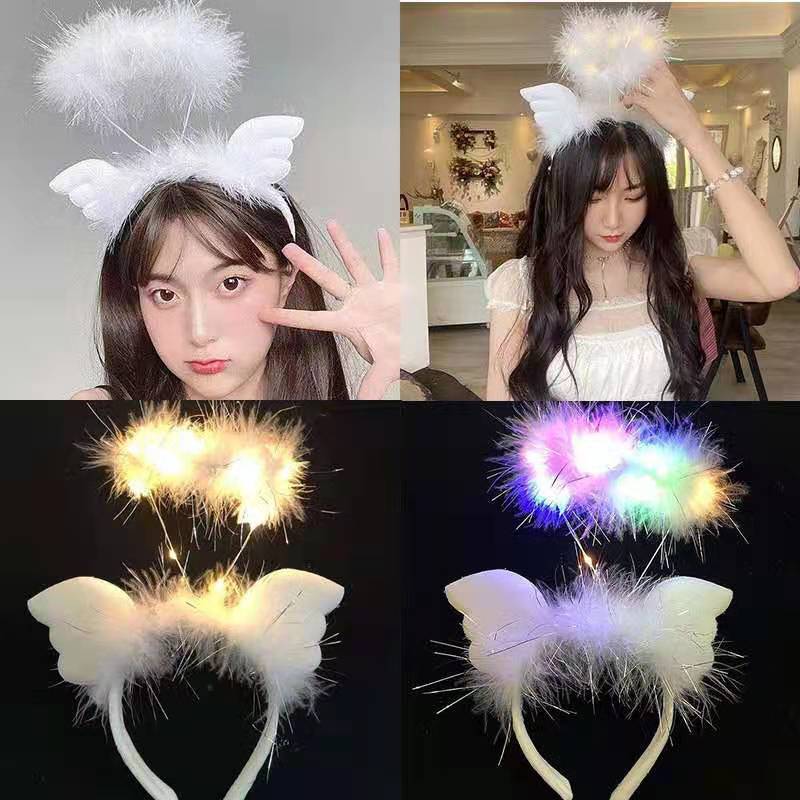cross-border hot selling angel wings feather glowing headband ball headwear goose feather antlers led headband toys wholesale