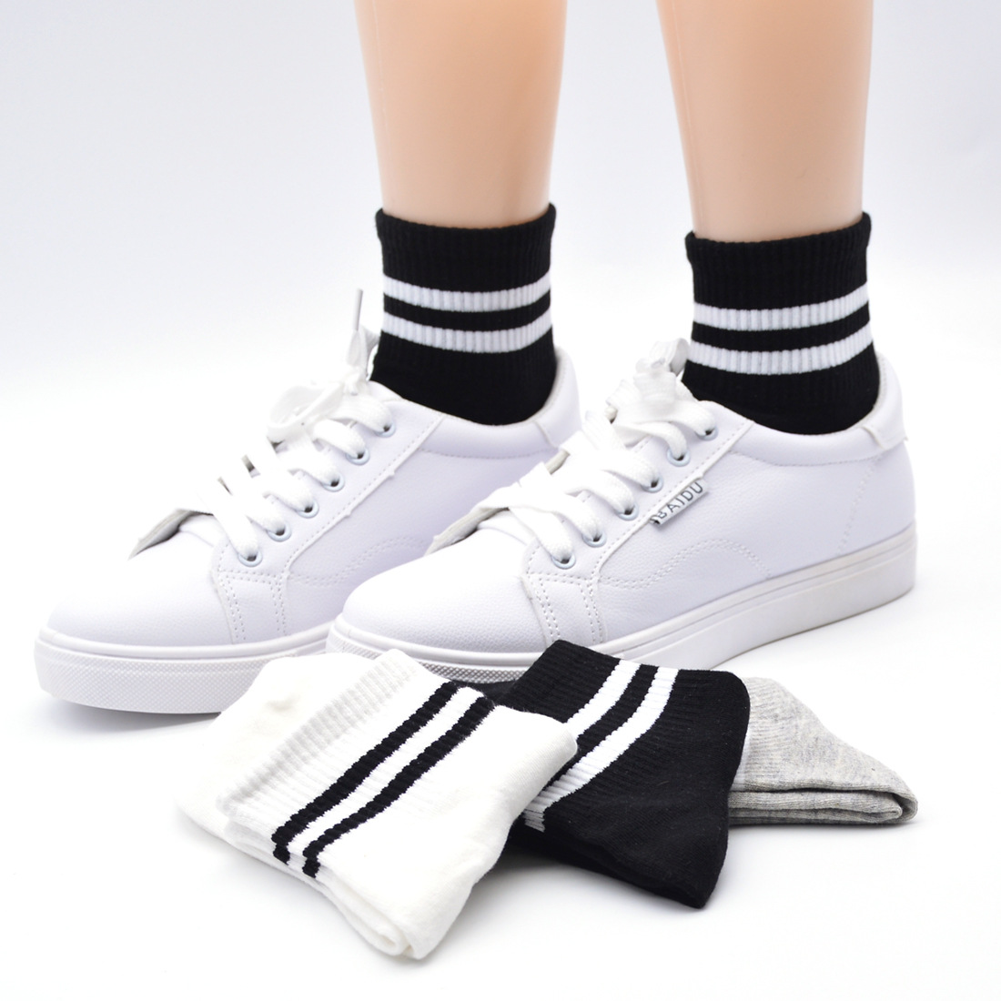 经典款棉袜中短筒袜子女袜子黑白灰两条杠女袜学生袜运运休闲袜