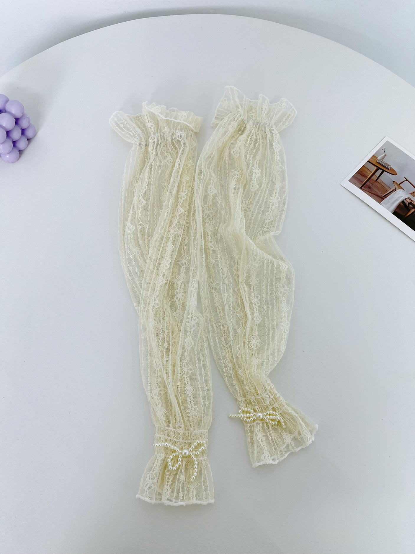 2023 New Lace Pearl Bow Sweet Sun Protection Oversleeve Women Lady Puff Sleeve Ultra-Thin Mesh Ice Sleeve