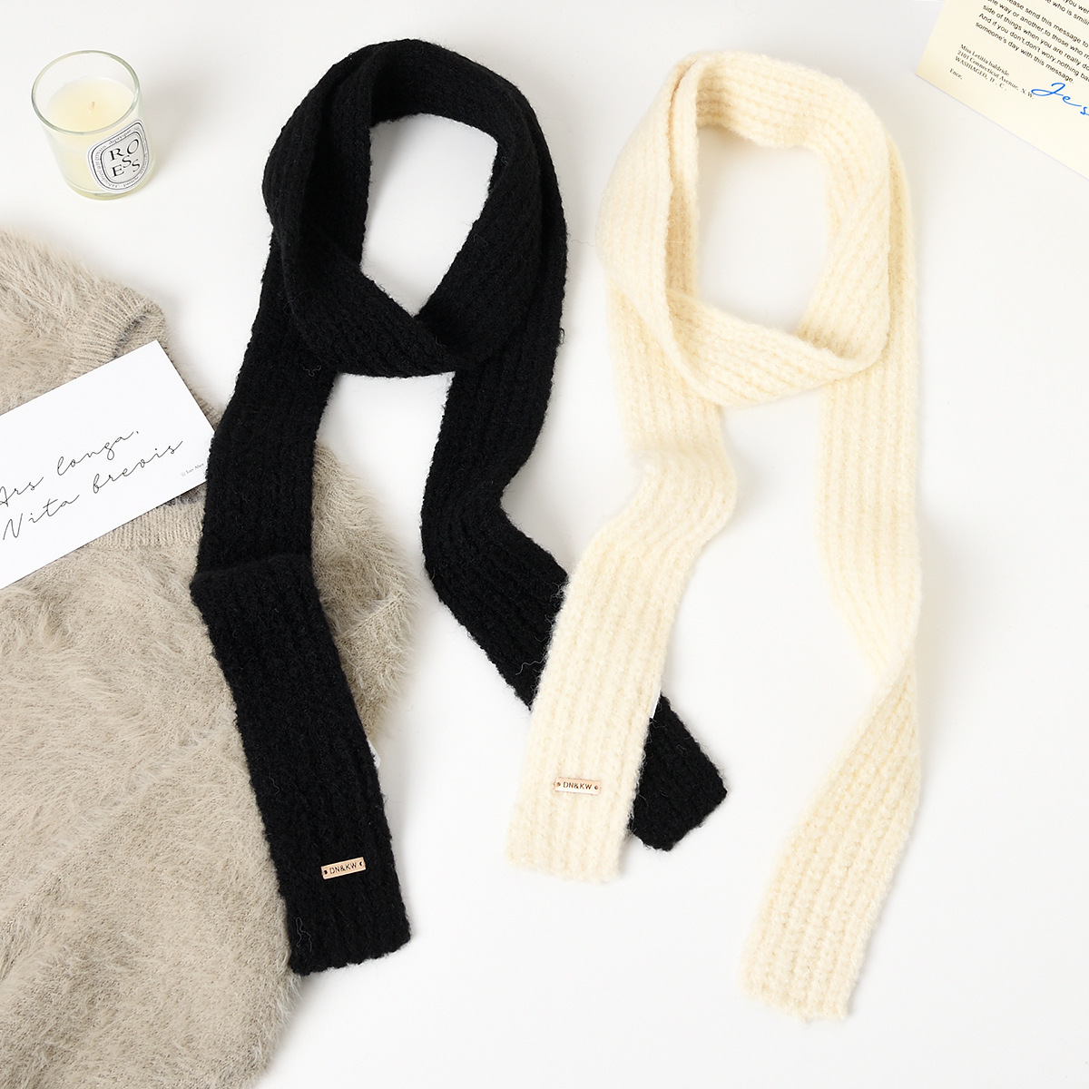 韩版秋冬针织长款细围巾女毛线保暖凹造型百搭针织窄版软糯围脖