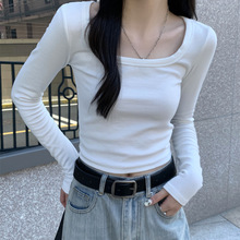 韩版修身方领白色内搭打底t恤女装春季温柔风设计感长袖上衣体恤