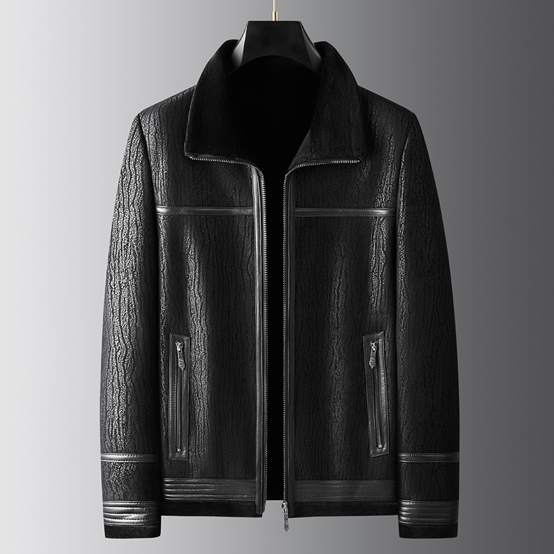 冬季新款海宁真皮皮衣纯羊毛男士翻领皮毛一体夹克外套冬装厚款