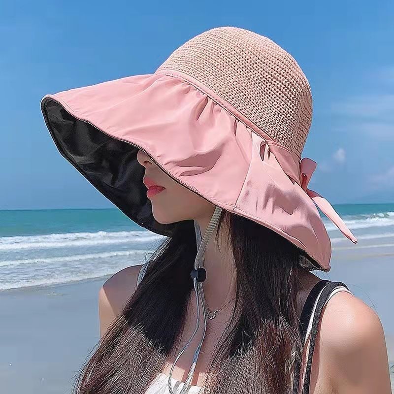 Sun Hat Sun Protection Hollow out Breathable Bow Vinyl Beach Hat Straw Hat Large Face Cover Sun-Proof Sun Fisherman Hat