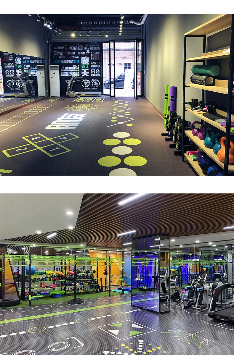 健身房地胶私教图案设计室内功能性pvc塑胶地板商场跑道体适能垫