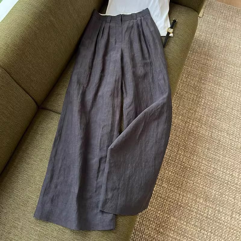灰色高端亚麻苎麻阔腿裤子女夏季休闲裤-阿里巴巴