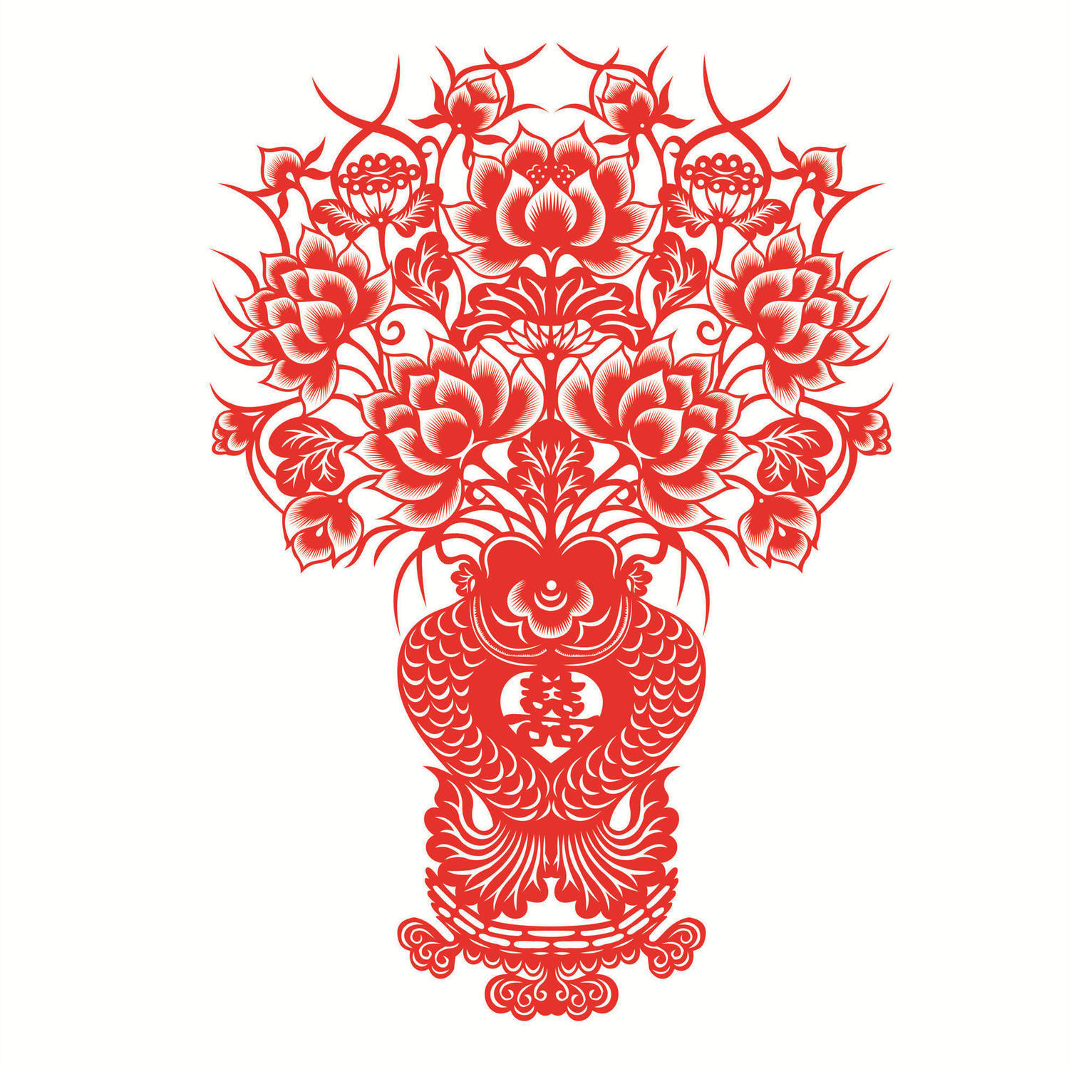 镂空双面万年红纸花瓶剪纸窗花婚庆喜字剪纸花瓶婚礼窗花玻璃贴