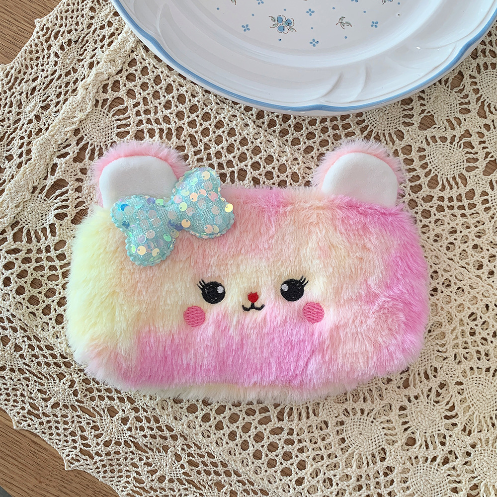 New Cute Colorful Bowknot Bear Pencil Case Plush Girl Heart Student Pencil Stationery Case Gift Wholesale