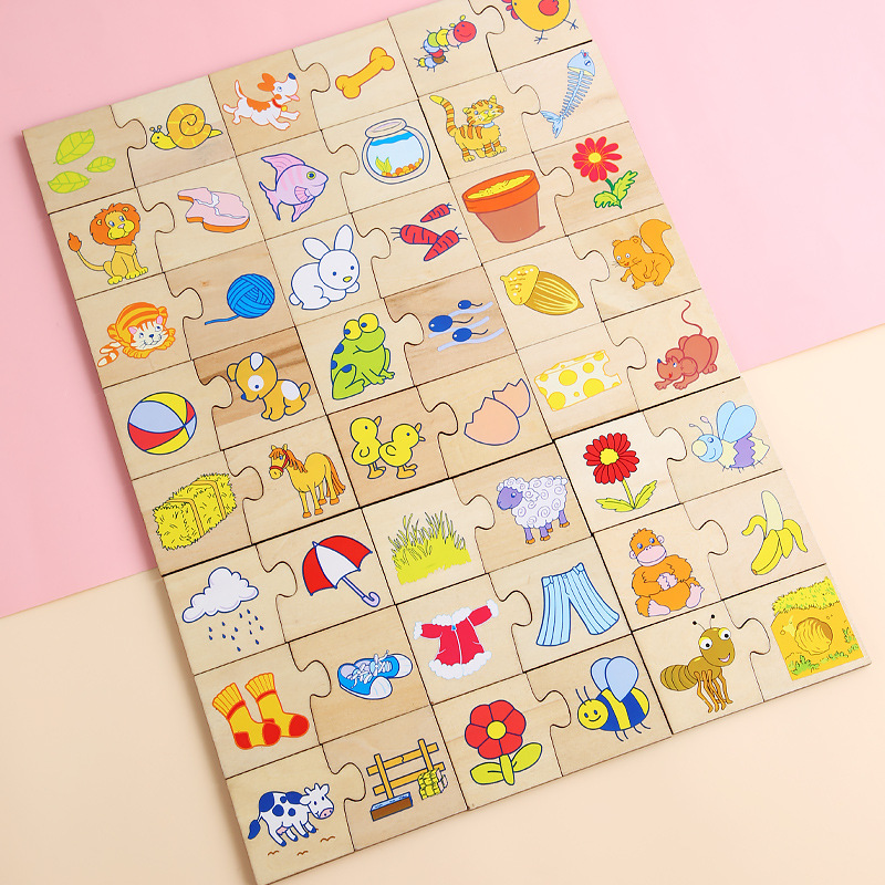 木制动物配对游戏 儿童认知拼图卡汉字配对拼图 早教益智木质玩具-阿