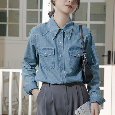 牛仔衬衫女蓝色秋冬叠穿设计感小众复古港味宽松长袖百搭气质上衣