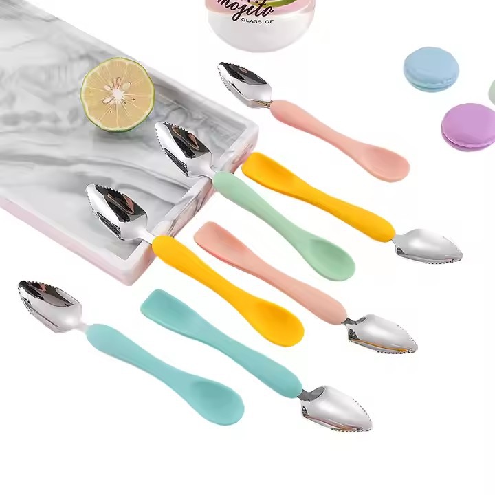 new baby food supplement fruit mud scraper dual head dual-use scraping feeding spoon fruit puree spoon silicone soft spoon feeding tool