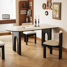 法式复古中古风岩板餐桌家用小户型饭桌实木半圆靠墙岛台黑色餐桌
