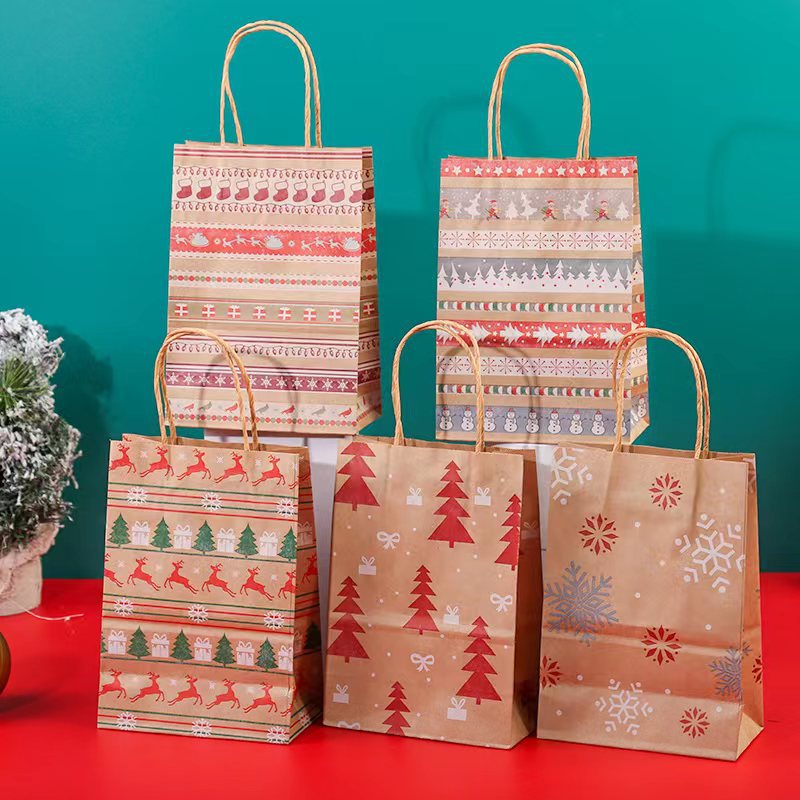 New Kraft Paper Christmas Series Style Portable Gift Bag 130G Yellow Kraft Twine Handbag in Stock