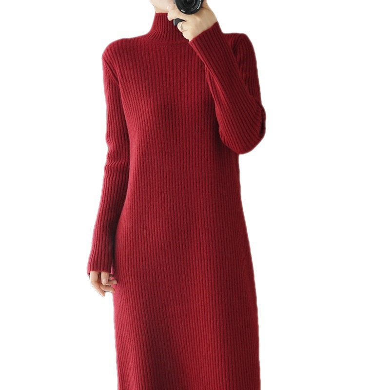 2023 Autumn and Winter Half-High Collar Overknee Long Idle Style All-Match Sweater Women's Fashion Loose Base Knitting Dress