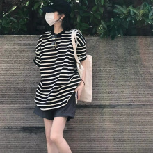 学院风减龄休闲运动服套装女夏季短袖短裤复古条纹少女OOTD两件套