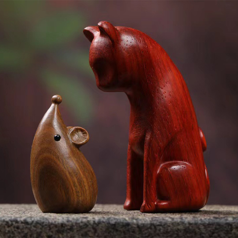 红木小件手把件桌上摆件猫与老鼠木雕卡通创意质动物装饰品茶宠