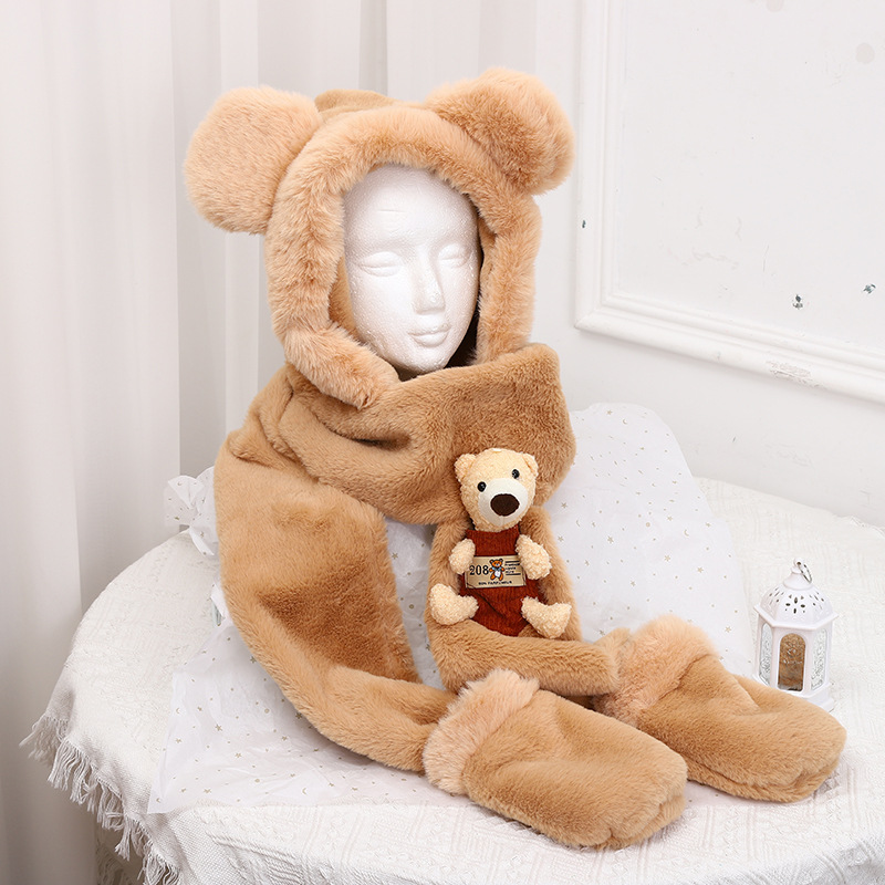 Cute Bear Scarf Hat Integrated Electric Car Riding Thickened Warm Neck Protection Scarf Hat Gloves Three-Piece Set