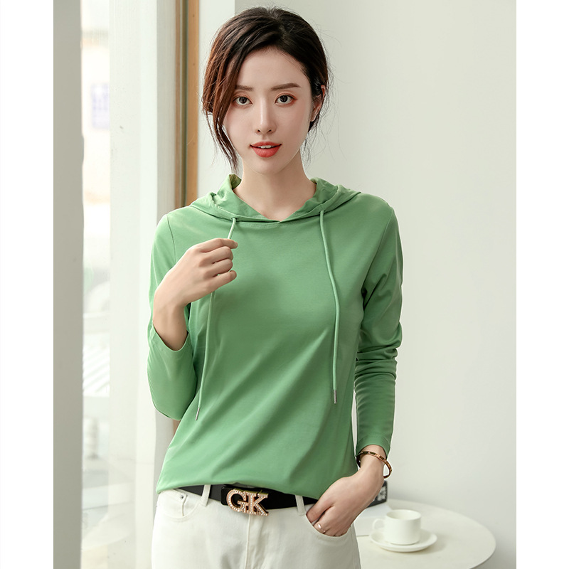 Mercerized Cotton Hooded Sweater T-shirt for Women 2023 Autumn New Pure Cotton All-Match Light Luxury Thin Fashion Bottoming Shirt