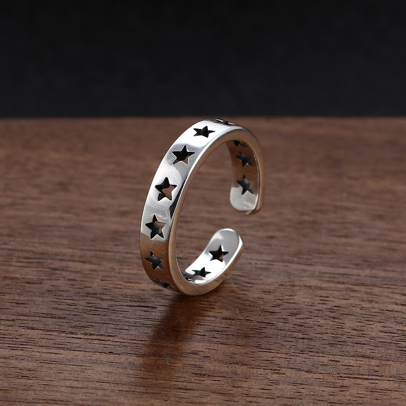 批发s925纯银戒指男款 五星 星星指环开口泰银复古个性潮流饰品