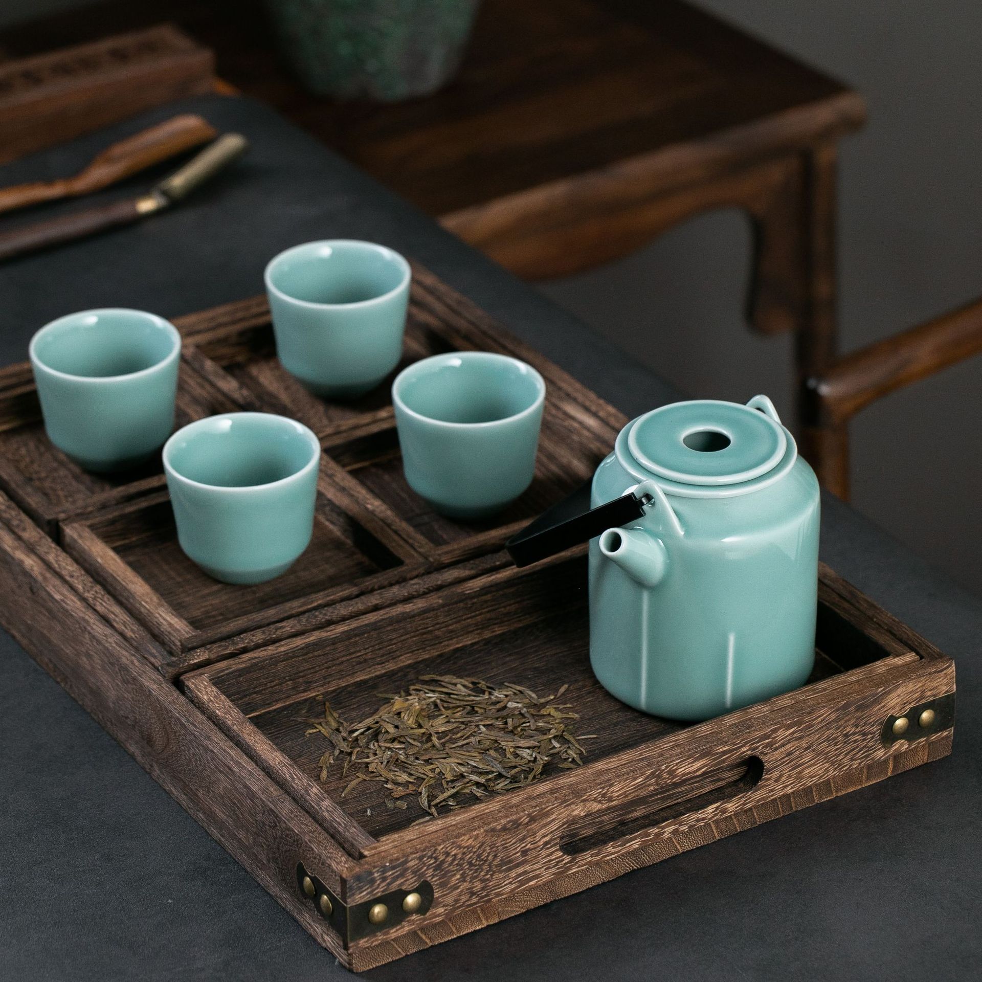 天丰青瓷过滤提梁壶套组陶瓷客厅泡茶壶茶杯大容量冷水凉茶壶套装