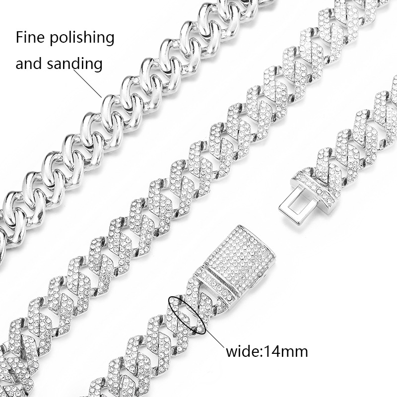 14mm Spot Cuban Link Chain Men's European and American Hot Hiphop Hip Hop Ear Accessories Diamond-Embedded Fashion Necklace Sweater Chain