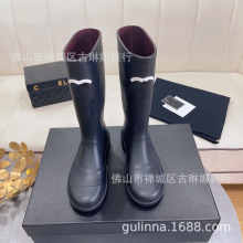 2025秋冬款英伦风雨靴高筒不过膝靴女复古厚底骑士靴防水黑色长靴