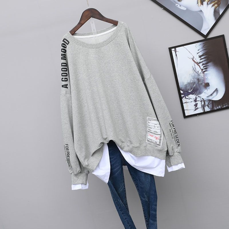 Plus Size 1.00 Kg-150.00 kg Long Sleeve False Two-Piece Sweaters Female 2022 Spring and Autumn Mid-Length Korean Style Loose Top Coat