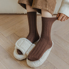羊毛袜子女竖条纹纯色中筒袜冬季加绒加厚保暖长袜韩版时尚堆堆袜