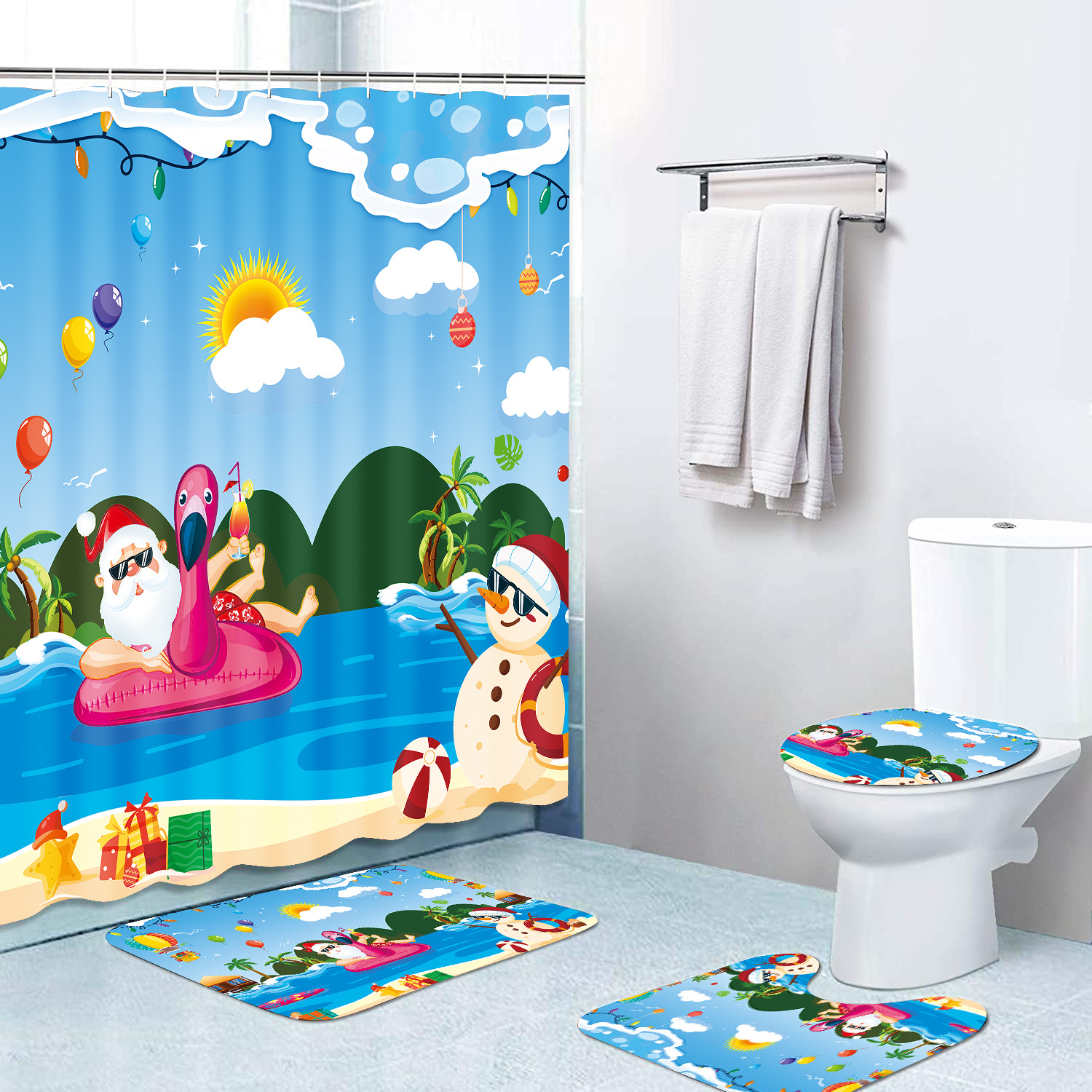 Amazon Christmas Shower Curtain July Christmas Hawaiian Waterproof Shower Curtain Digital Printing Shower Curtain Four-Piece Set