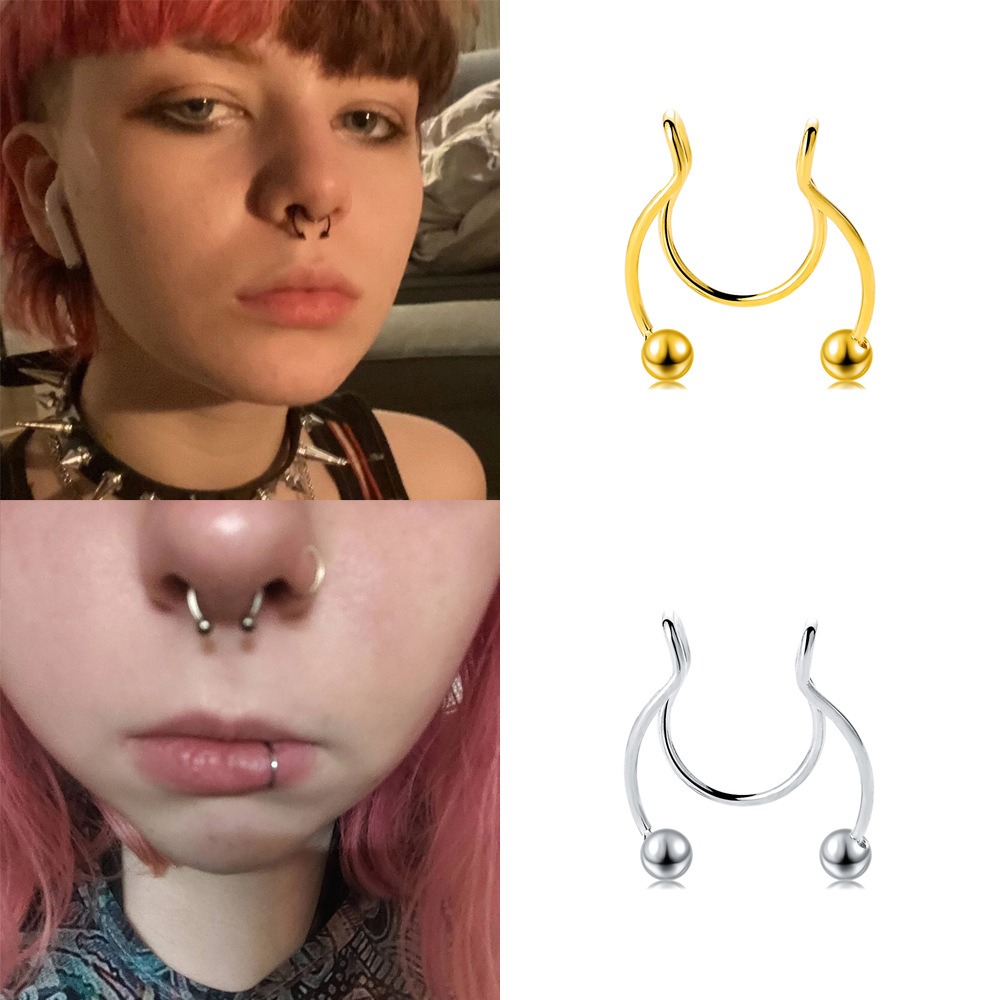 亚马逊新款鼻中隔鼻环假马蹄环无需穿洞孔假鼻环鹿角鼻钉穿刺饰品