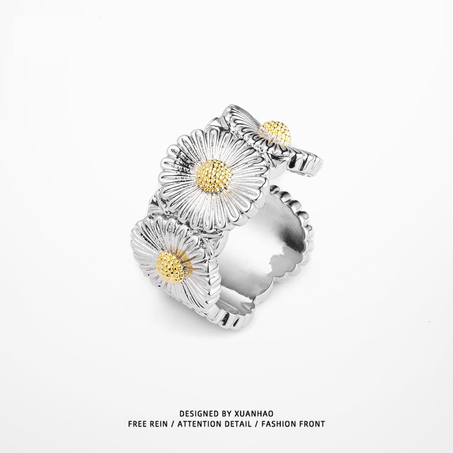 gd权志龙雏菊花戒指纯铜电镀真金双色镶锆石hiphop嘻哈饰品热款