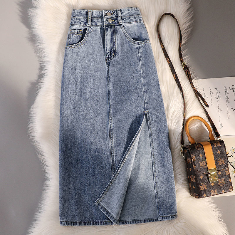 Denim Skirt 2022 Summer New High Waist Large Size Denim Skirt Side Slit A- line Mid-Length Skirt Tide