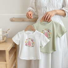 儿童百搭棉短袖T恤夏季女童韩版印花弧形上衣中小童宝宝童装批发