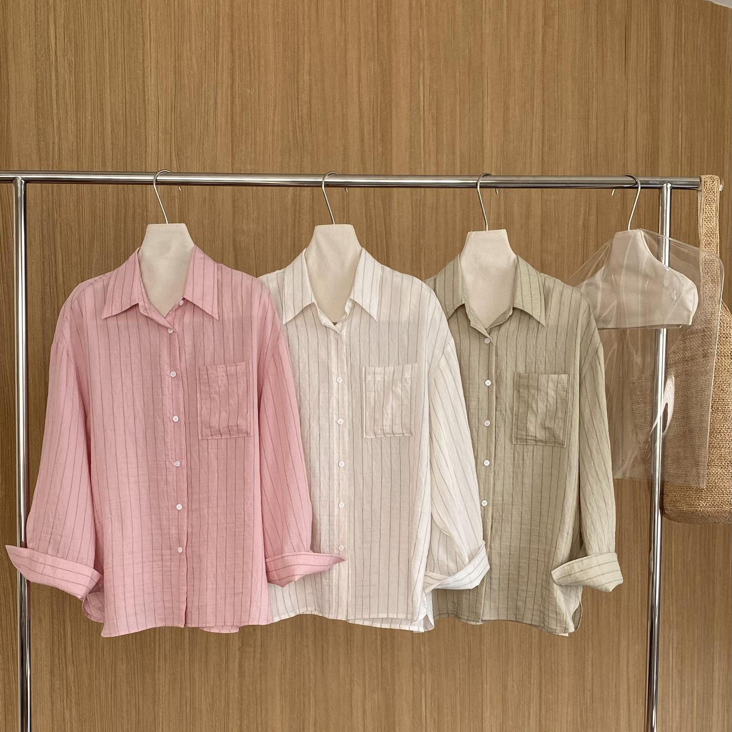 广州十三行夏季简约棉麻质感条纹衬衫夏日百搭轻薄透气防嗮衬衣女