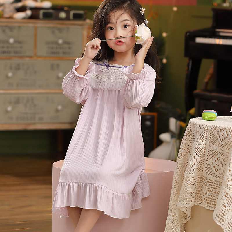 儿童睡衣女童春秋全棉长袖可爱小女孩中大童蕾丝睡裙小女孩家居服