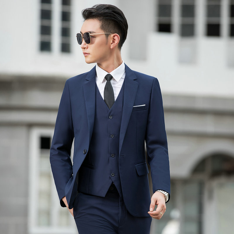 男式休闲修身黑色西服三件套商务西装套装伴郎服银行面试职业正装