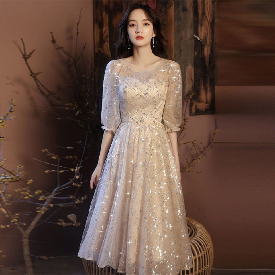 【48小时发货】晚礼服女2021新款春夏香槟色中长款小个子优雅生日