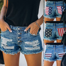 欧美跨境女装亚马逊新款美国国旗WISH印花显瘦破洞一排扣牛仔短裤