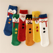圣诞节袜子加绒加厚保暖不易掉毛珊瑚绒中筒袜卡通可爱雪人麋鹿袜