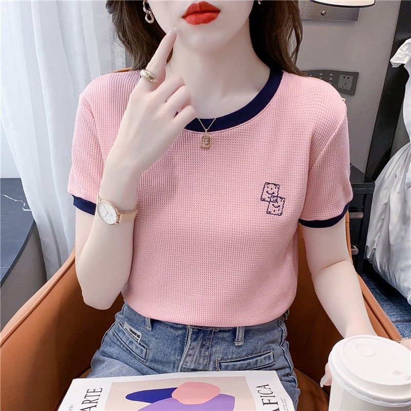 European Goods Fashion Short Sleeve T-shirt Women's Clothing 2022 Summer New Loose Fashion Color Contrast Chic Top