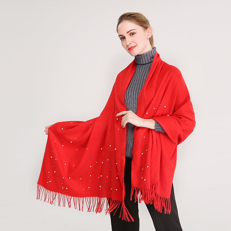 Best Seller in Europe and America New Autumn and Winter Cashmere-like Solid Color Barbed Beaded Shawl Thickened Warm Tassel Women's Scarf