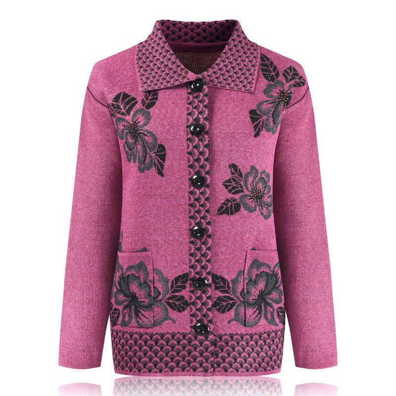 中老年人女装翻领毛衣开衫线衣妈妈秋冬装外套针织衫奶奶衣服上衣