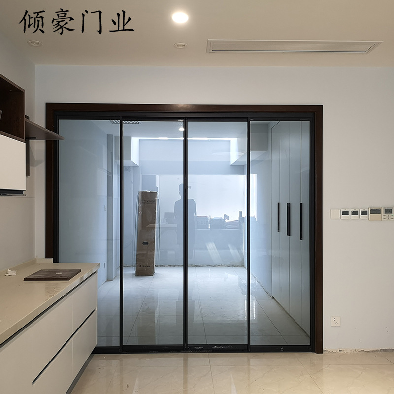 适用上海钛合金黑极窄框厨房玻璃移门阳台推拉门吊轨折叠门三移门