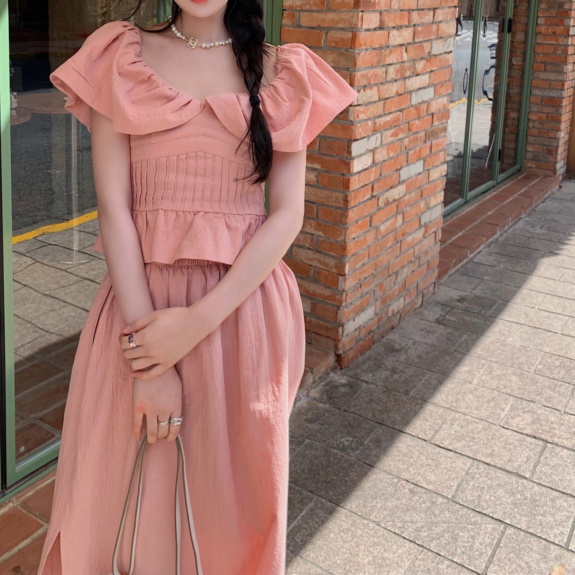 迟伞mm许愿池的希腊少女 蜜桃粉小飞袖上衣棉麻开叉半身裙套装夏