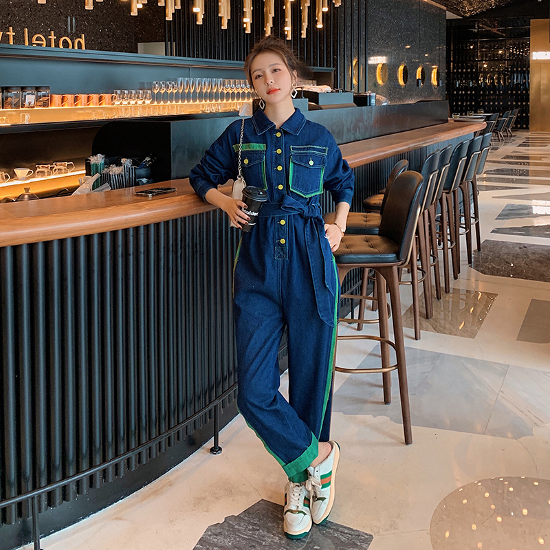 实拍牛仔连体裤套装女秋季新款复古港味设计感拼接宽松直筒工装裤