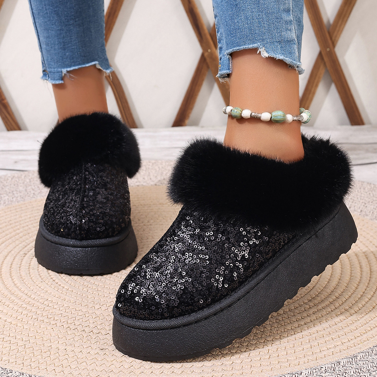 女式雪地靴冬季新款外贸大码时尚厚底亮片加厚保暖毛毛口雪地棉靴