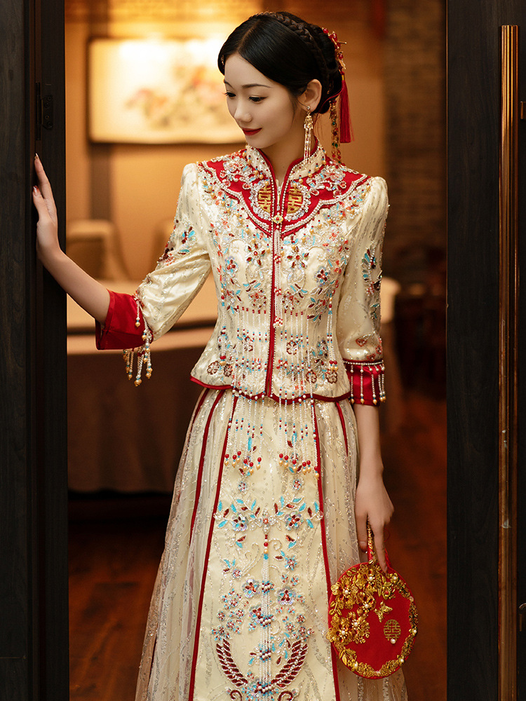 香槟色重工秀禾服2023新款奢华中式婚纱新娘结婚礼服高端禾服夏季