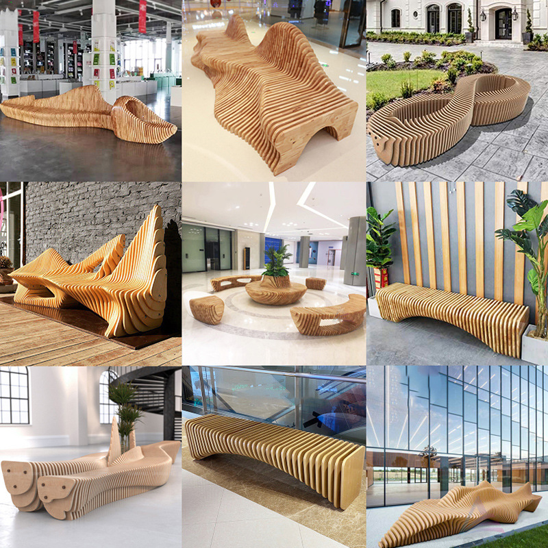 商场异形木质切片座椅户外木艺休闲坐凳公园实木质靠背休息长椅子