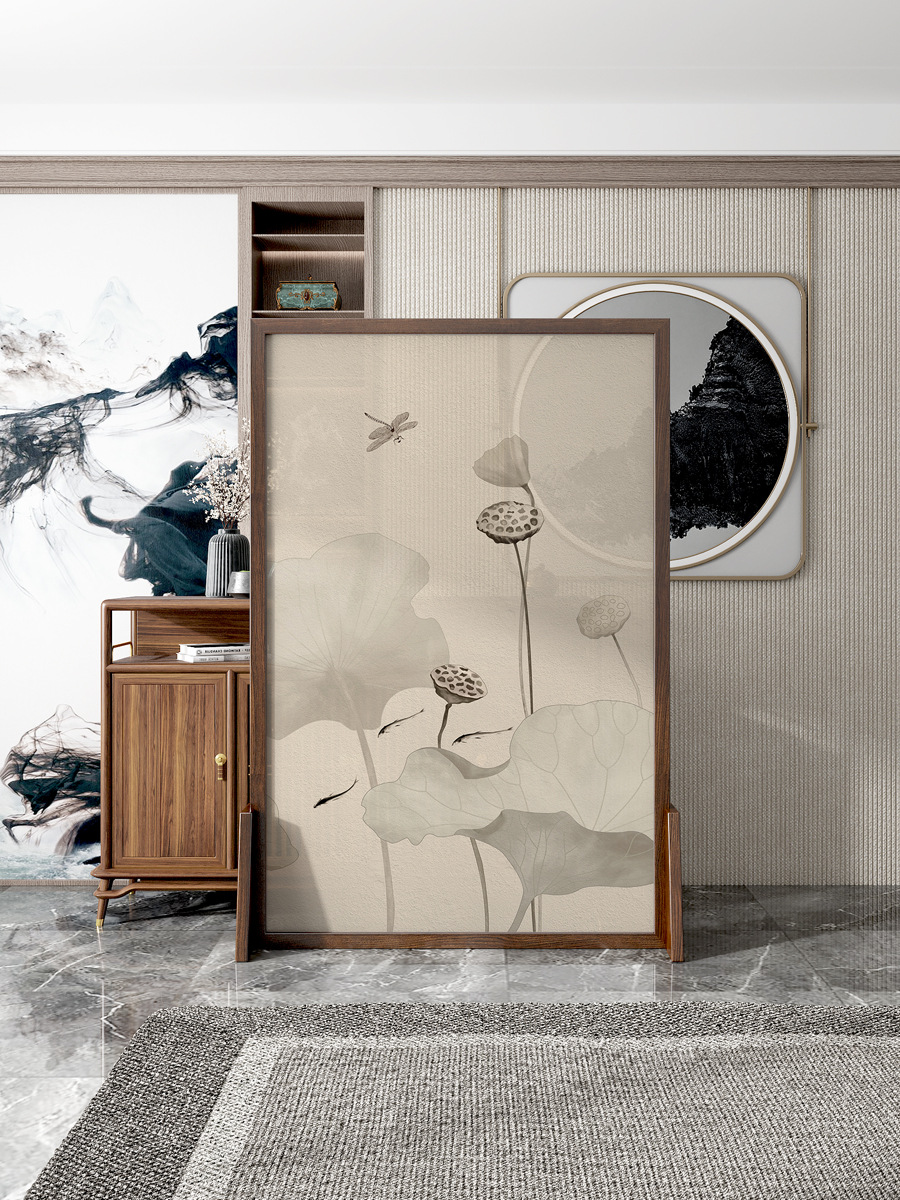 荷花实木屏风新中式玄关卧室茶室办公室入户隔断客厅进门遮挡座屏